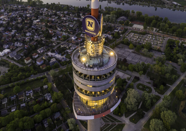     Exterior view of the Danube Tower at dusk 